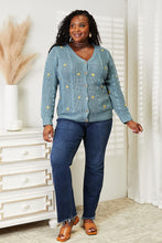 Blue Floral Embroidery Cable Knit Cardigan for Women