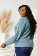 Blue Floral Embroidery Cable Knit Cardigan for Women