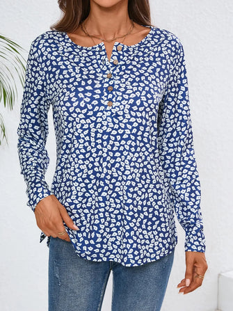 Blue Floral Long Sleeve Buttoned Blouse for Women Royal Blue