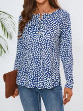 Blue Floral Long Sleeve Buttoned Blouse for Women