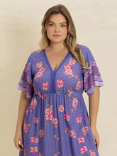 Blue Floral Print Maxi Dress with Slit