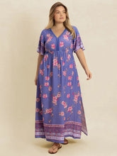 Blue Floral Print Maxi Dress with Slit