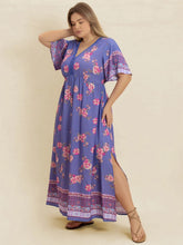 Blue Floral Print Maxi Dress with Slit