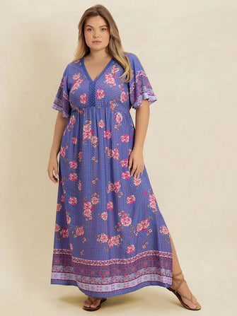 Blue Floral Print Maxi Dress with Slit Blue Purple