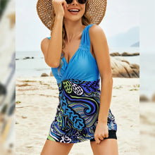 Blue Floral Tankini Swim Dress with Ruched Detailing and Straw Hat Woman Swim sets