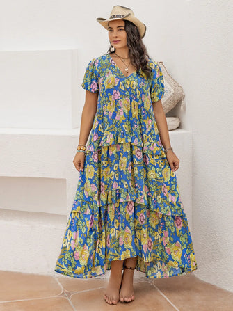 Blue Floral Tiered Maxi Dress in 100 Percent Viscose Sky Blue