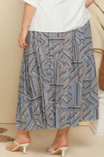 Blue Geometric Pattern Pleated Midi Skirt