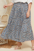 Blue Geometric Pattern Pleated Midi Skirt Deep Teal Woman Skirts