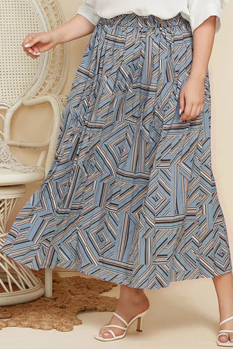 Blue Geometric Pattern Pleated Midi Skirt Deep Teal Woman Skirts