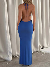 Blue Halter Neck Evening Gown with Slit and Backless Design