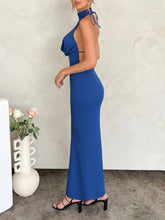 Blue Halter Neck Evening Gown with Slit and Backless Design