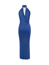 Blue Halter Neck Evening Gown with Slit and Backless Design Evening Dresses