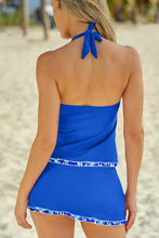 Blue Halter Tankini Swimsuit with Skirt and Removable Padding