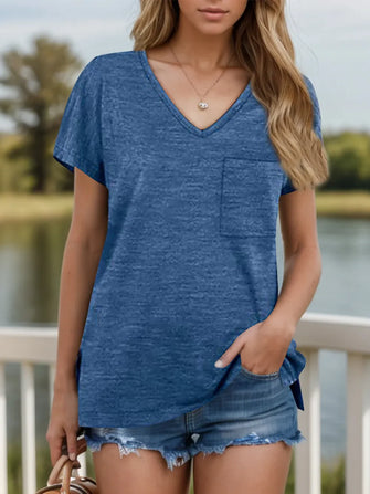Blue Heathered V-Neck Pocket T-Shirt for Women Dusty Blue