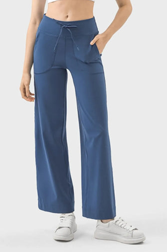 Blue High-Waisted Wide-Leg Lounge Pants with Drawstring Waist and Pockets Dusty Blue