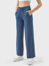 Blue High-Waisted Wide-Leg Lounge Pants with Drawstring Waist and Pockets