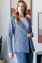 Blue Houndstooth Tweed Open Front Blazer for Women