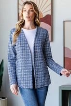 Blue Houndstooth Tweed Open Front Blazer for Women