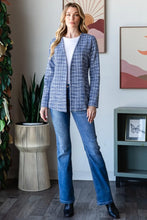 Blue Houndstooth Tweed Open Front Blazer for Women