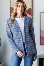 Blue Houndstooth Tweed Open Front Blazer for Women Woman Outerwear