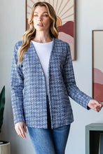 Blue Houndstooth Tweed Open Front Blazer for Women Woman Outerwear