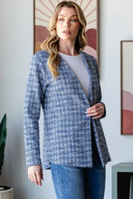 Blue Houndstooth Tweed Open Front Blazer for Women Woman Outerwear