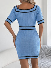 Blue Knit Sweater Dress with Decorative Button and Black Trim