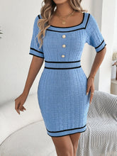 Blue Knit Sweater Dress with Decorative Button and Black Trim
