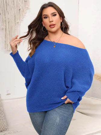 Blue Knit Sweater with Batwing Sleeve Length for Women Royal Blue Sweater Pullovers