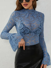 Blue Lace Bell Sleeve Long-Sleeve Top for Women Woman T Shirts
