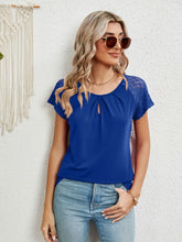 Blue Lace Sleeve Semi Sheer Blouse for Women