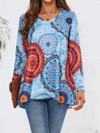 Blue Mandala Pattern Long Sleeve Tunic Top for Women Pastel Blue