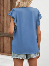 Blue notched cap sleeve T-shirt with flutter sleeves