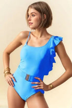 Blue One-Shoulder Ruffle One-Piece Swimsuit Swimwear