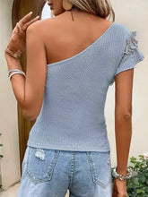 Blue One-Shoulder Ruffled Top with Woven Belt Woman T Shirts