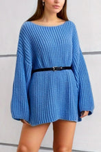 Blue Oversized Knit Sweater Dress with Black Belt Sky Blue One Size