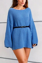Blue Oversized Knit Sweater Dress with Black Belt