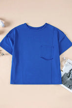 Blue Oversized Short Sleeve T Shirt with Pocket for Women