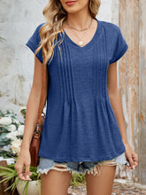 Blue Pleated V-Neck Short Sleeve T-Shirt for Women Dark Blue