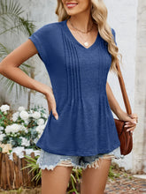 Blue Pleated V-Neck Short Sleeve T-Shirt for Women