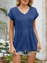 Blue Pleated V-Neck Short Sleeve T-Shirt for Women