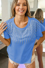Blue Rhinestone Embellished Short Sleeve T-Shirt for Women CORNFLOWER BLUE