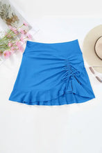 Blue ribbed drawstring mini skirt swim bottom with ruched flounce hem