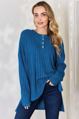 Blue Ribbed Half Button Tunic Sweater for Women Sky Blue