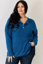 Blue Ribbed Half Button Tunic Sweater for Women