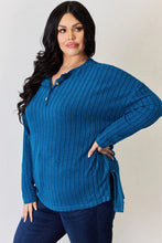 Blue Ribbed Half Button Tunic Sweater for Women