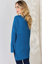 Blue Ribbed Half Button Tunic Sweater for Women