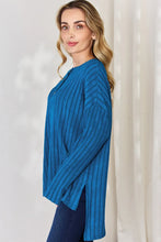 Blue Ribbed Half Button Tunic Sweater for Women