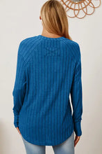 Blue ribbed knit tunic top with thumbhole sleeve for women