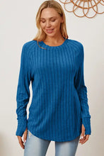 Women’s blue ribbed knit tunic top with thumbhole sleeve